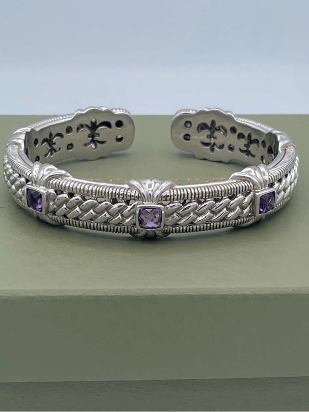Judith Ripka 925 Sterling Silver Heavy Amethyst Cuff Bracelet 7” Collectible